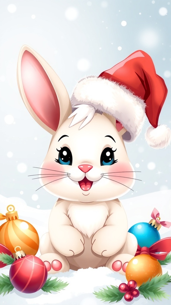 A cute bunny in a Santa hat with Christmas decorations, ideal for a festive profile picture.